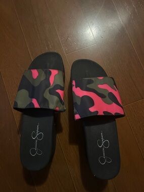 Jessica Simpson Black Slides with Pink & Olive Camo Strap